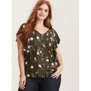 Torrid Women's Green Floral Print Pleated Flutter Sleeve Button Up Shirt Size 2X